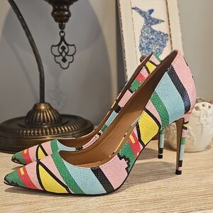 Multicolor Pointed-Toe Stiletto Pumps - Pink, Green & Blue